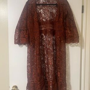 Lace Kimono Cardigan in Rust Brown - Women's Accessories